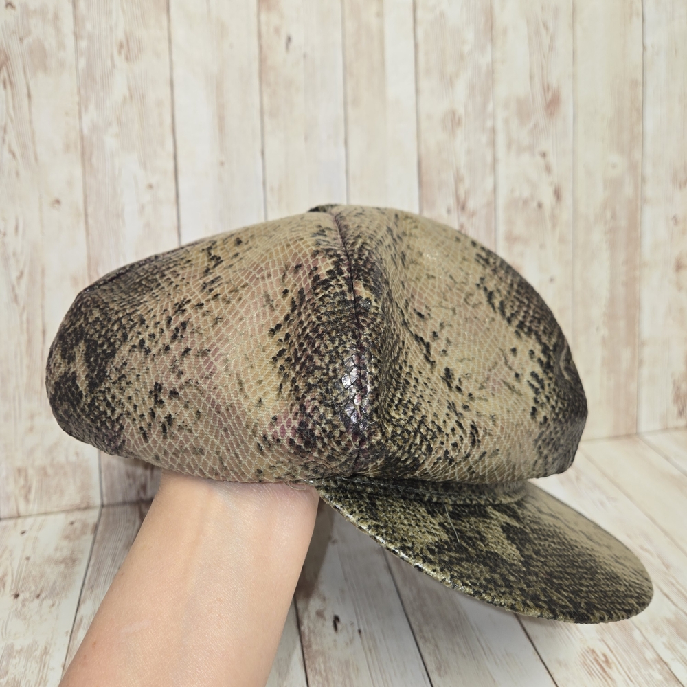 Vintage Snakeskin Print Newsboy Hat Olive Green Brown Tan Baker Boy Cap - Picture 8 of 12